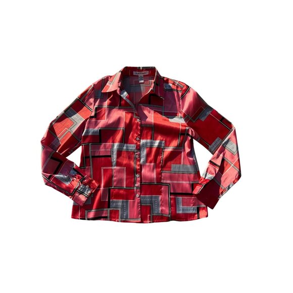 Rafael Women’s Button-Down Shirt Red Geometric Print Size 14 Polyester Blend Pre - Picture 1 of 7